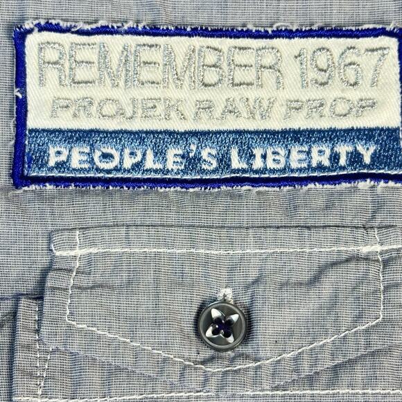 Projek Raw Shirt Mens sz M Button Up Short Sleeve Blue Embroidered Remember 1967 - Picture 5 of 11